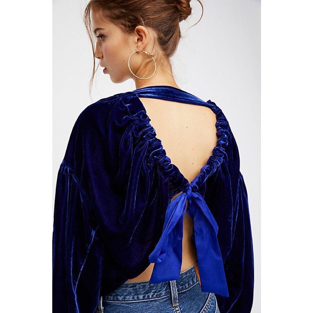 Free People Gimme Some Lovin Velvet Blue Top - Picture 1 of 5